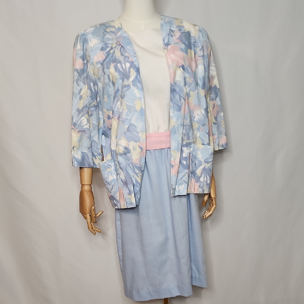 Johns Girl Floral White Blue Pastel Midi Dress with Jacket Grandmacore Size 16